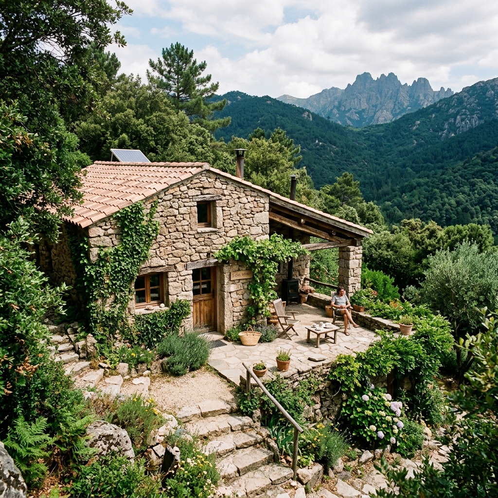 Eco Tourisme Corse: Experience Corsica's Green Travel Gems 1 A stunning, high-quality photograph of a pristine, untouched Corsican landscape, perhaps featuring the rugged mountains meeting the crystal-clear Mediterranean sea, with subtle eco-friendly elements like a hiker or a bicycle on a trail.