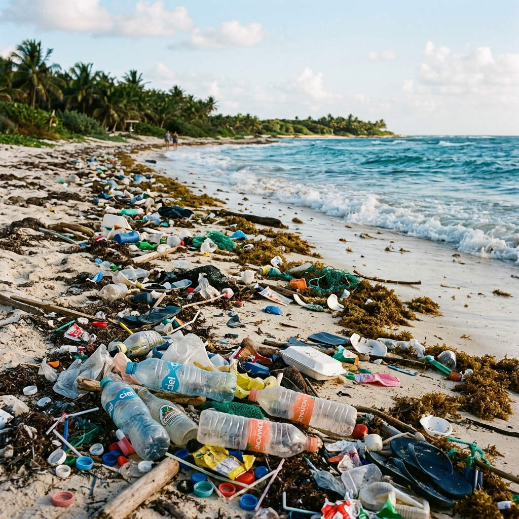 Negative Impacts of Tourism in Mexico: Challenges and Solutions 1 A photograph highlighting plastic waste washed up on a beach in the Mexican Caribbean.