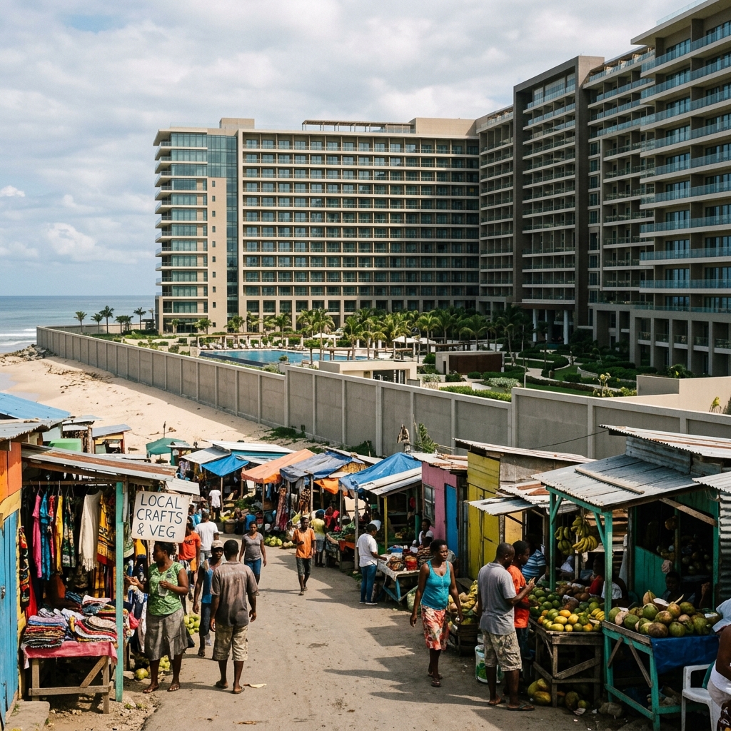 Negative Impacts of Tourism in Mexico: Challenges and Solutions 3 An image portraying local vendors or communities overshadowed by massive all-inclusive resort structures to emphasize displacement.